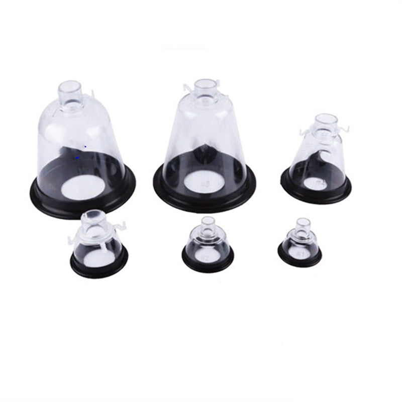 Set of transparent plastic pet atomization oxygen masks in various sizes with black bases.