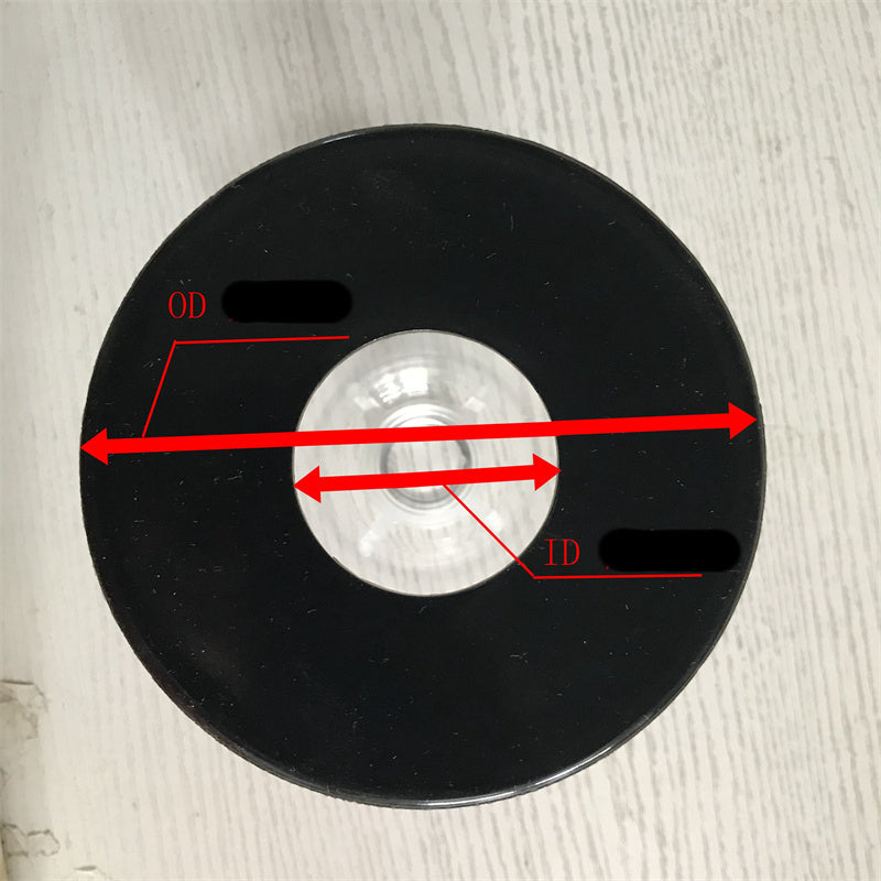 Top view of a circular black disk showing outer diameter (OD) and inner diameter (ID) measurements.