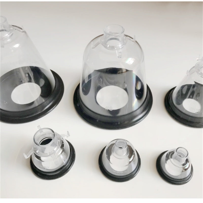 Set of clear plastic atomization oxygen mask accessories for pets, featuring different sizes and black bases.