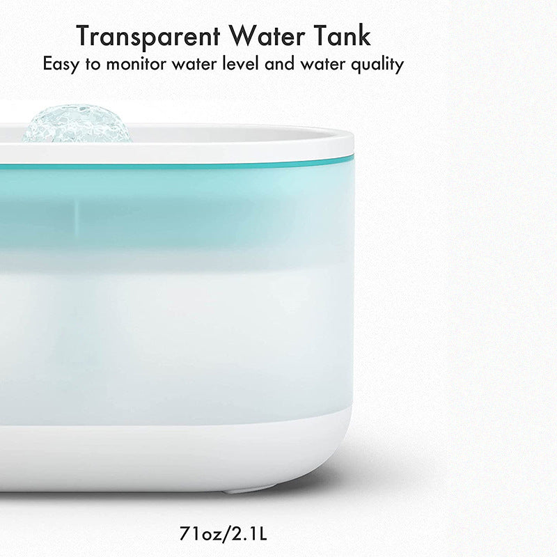 Transparent water tank for pet water fountain, 71oz capacity, easy to monitor water level and quality.