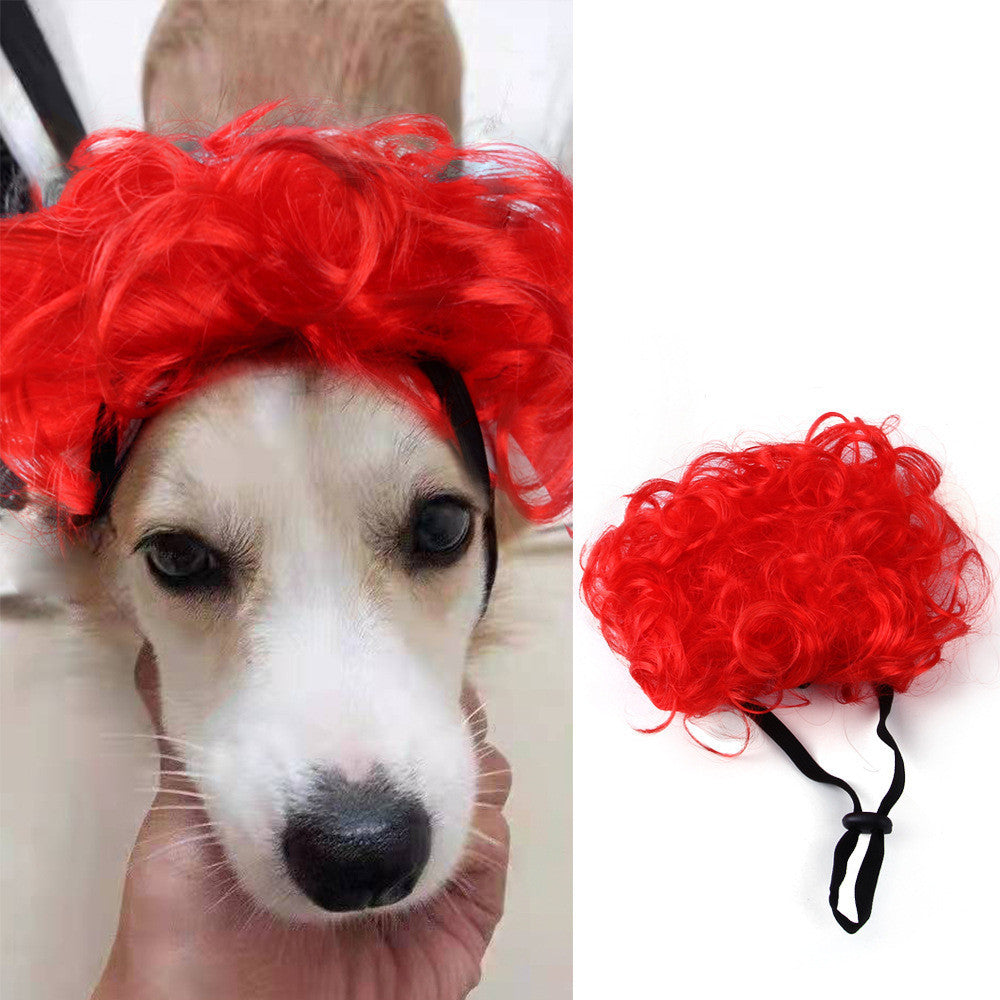 Red curly wig for pets, perfect for Halloween and Christmas celebrations, designed for comfort and fun.