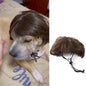 Dog wearing a brown wig as a Halloween or Christmas pet hair accessory, styled for fun occasions.