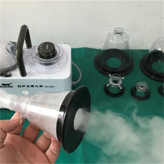 Pet animal atomization oxygen mask accessories with a mist nozzle and atomizer on a green table.