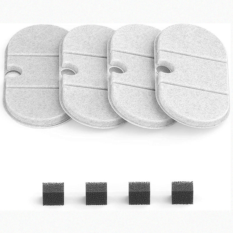 Four cotton water dispenser filters compatible with pet water fountains, including four additional foam pads.