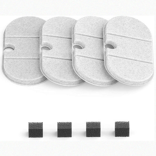 Four cotton water dispenser filters compatible with pet water fountains, including four additional foam pads.