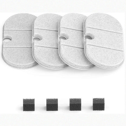 Pet water fountain filter pack with four cotton filters and two small foam pads for optimal water purification.