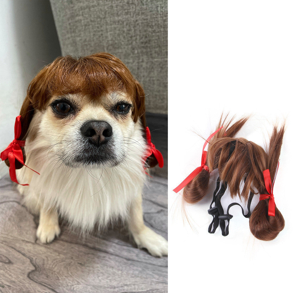 Cute dog wearing brown wig with red bows, showcasing Halloween Christmas pet hair accessory.