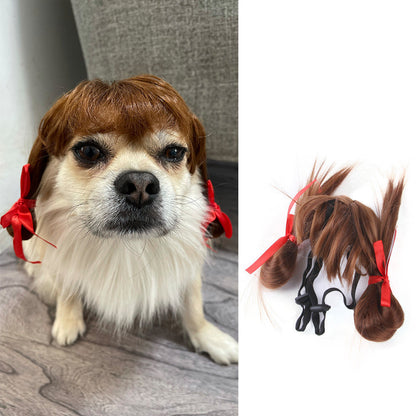 Cute dog wearing brown wig with red bows, showcasing Halloween Christmas pet hair accessory.