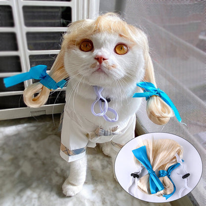 Cute cat wearing a blonde wig with blue ribbons, showcasing Halloween Christmas pet hair accessories.