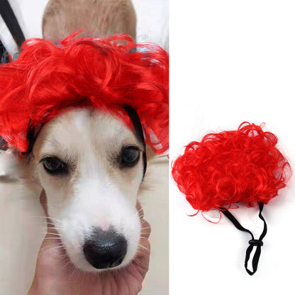 Red curly wig for pets, perfect for Halloween and Christmas celebrations, designed for comfort and fun.